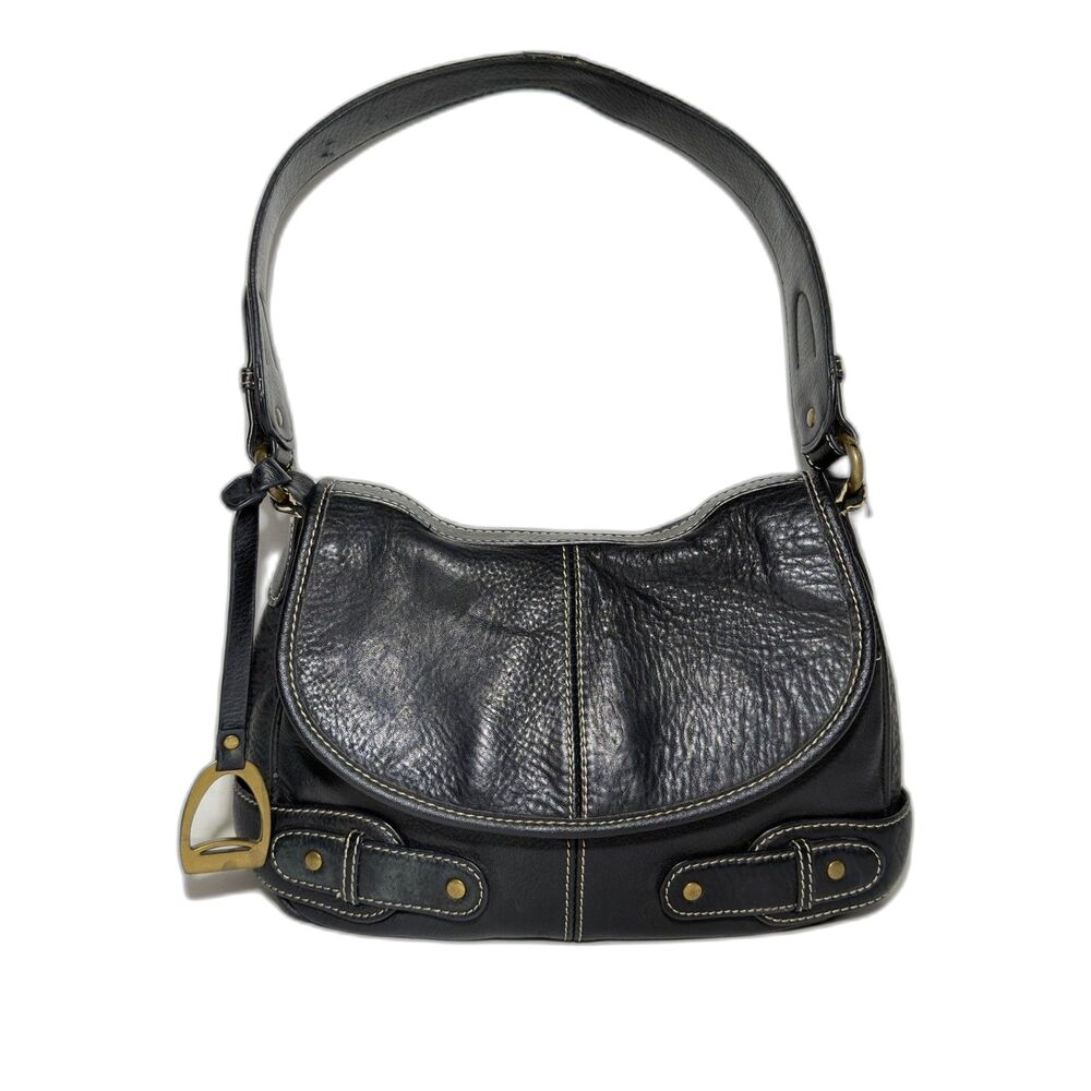 Vintage CHAPS Black Leather Shoulder Bag Equestrian Style Gold Hardware 12x8x3in
